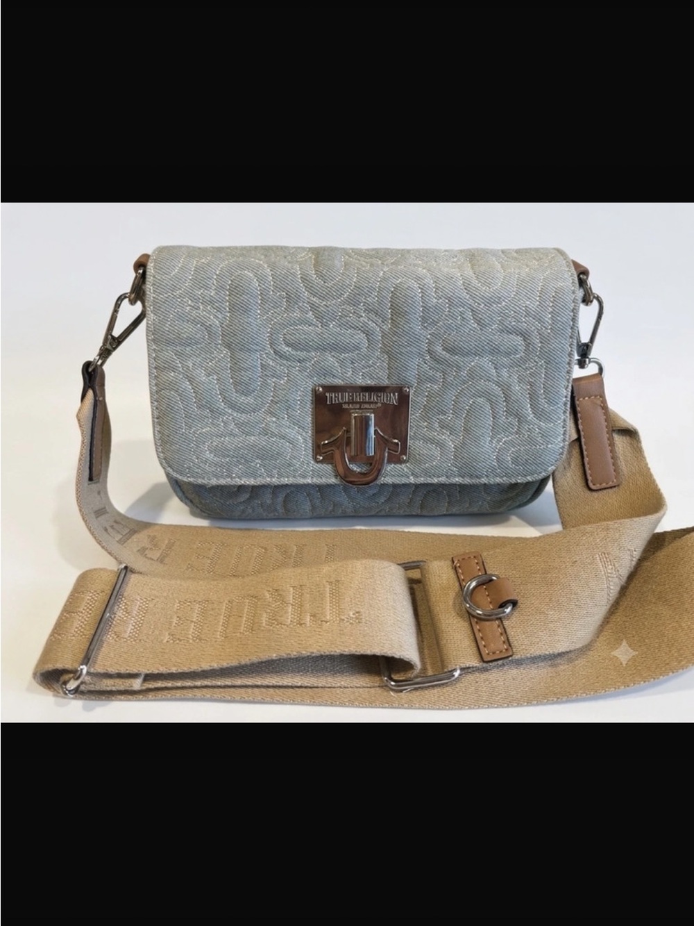 True Religion Denim Embroidered Crossbody Bag with Tan Strap